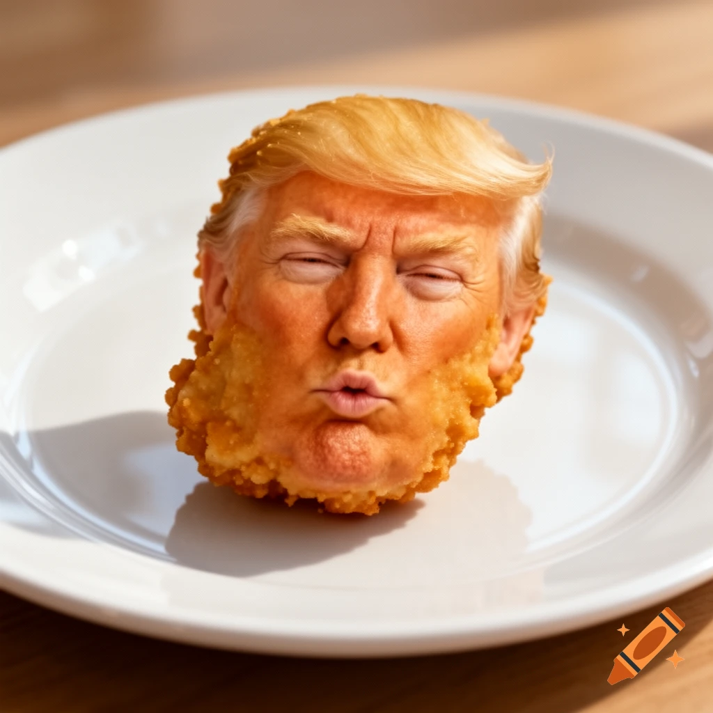 A photorealistic fried chicken nugget with Donald Trump's face and blonde hair, served on a white plate.
