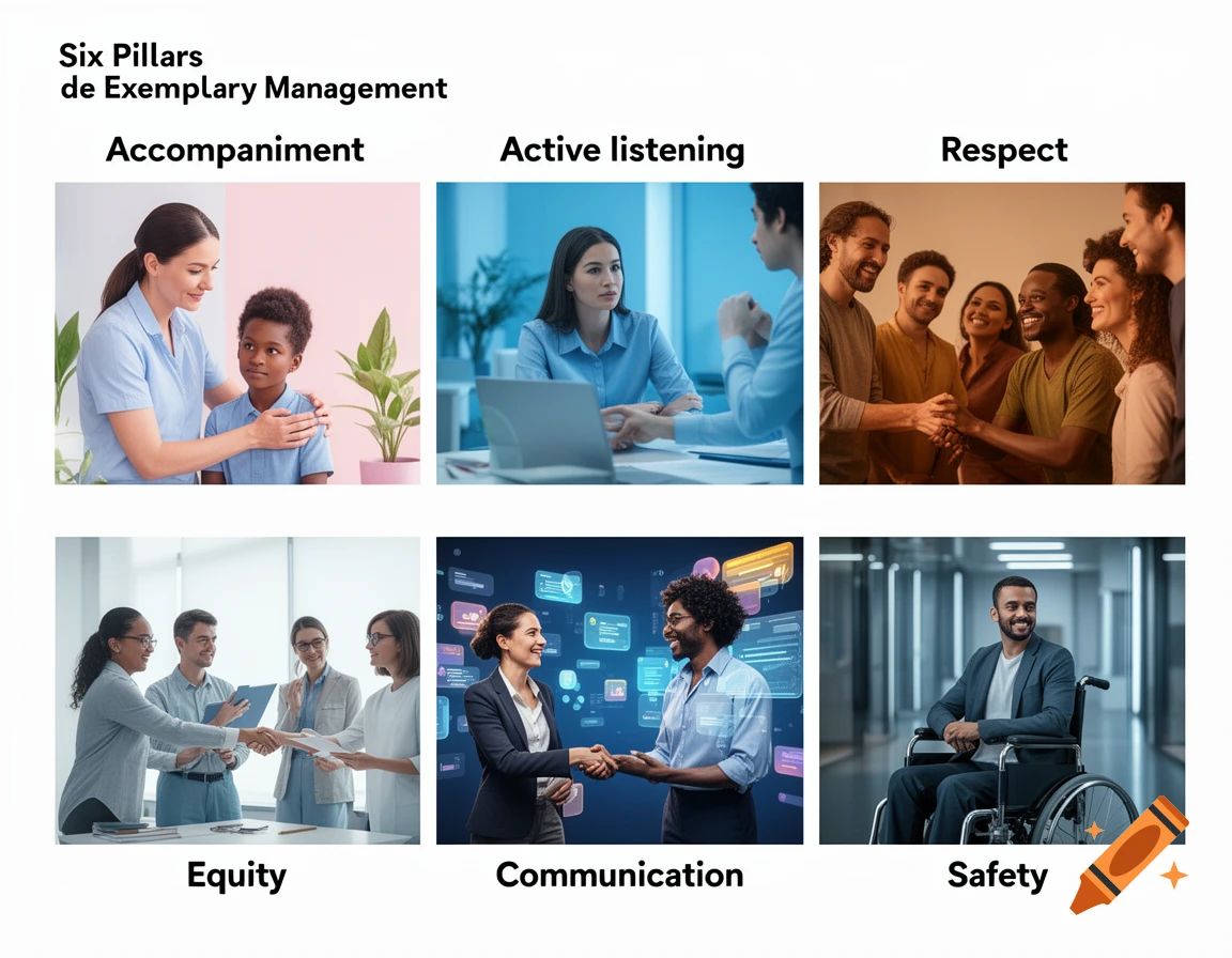 Grid of six images illustrating management pillars: accompaniment, active listening, respect, equity, communication, and safety. People are shown interacting in various professional settings, including one person in a wheelchair.