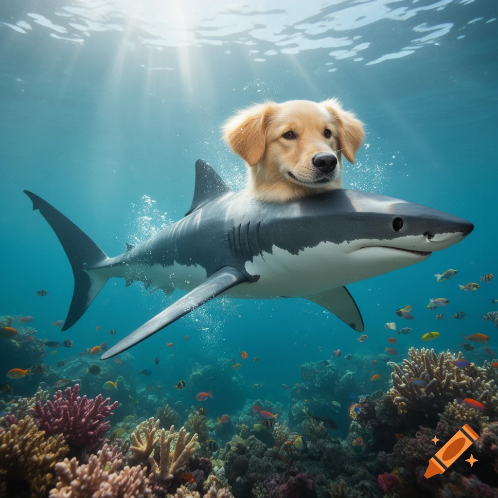 A golden retriever's head on a shark's body swims through a vibrant coral reef, with sun rays piercing the clear blue water.