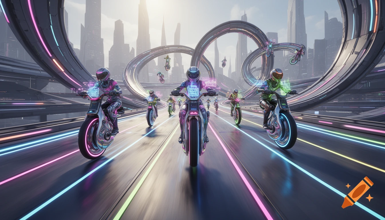 Futuristic riders on glowing monocycles race along a vibrant neon track through a towering sci-fi city.