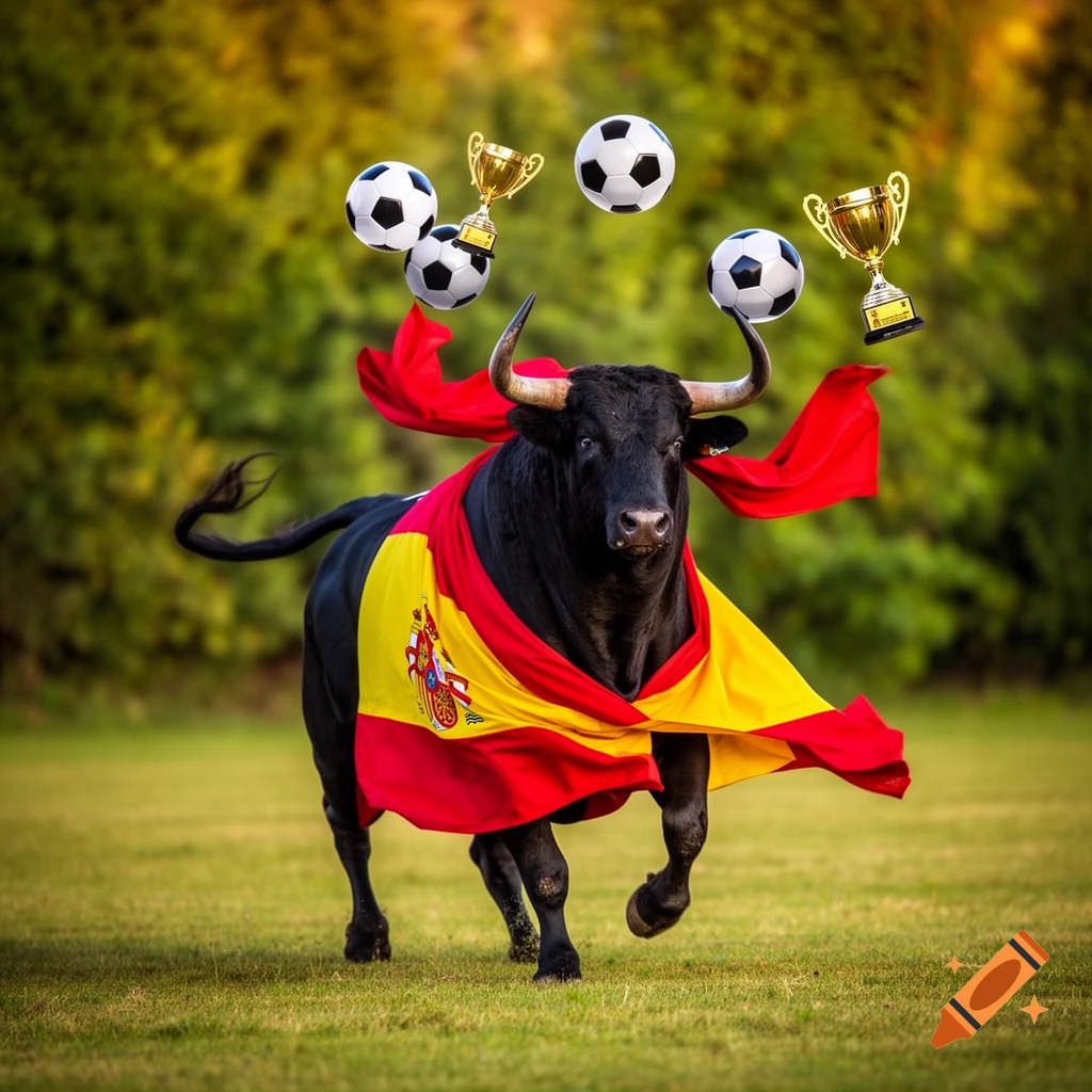 A black bull wearing a flowing Spanish flag, with soccer balls and golden trophies floating around it in a grassy field.