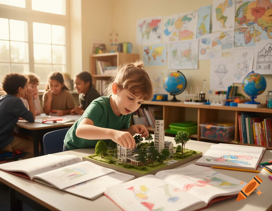 A young child assembles a detailed model city on a table in a bright classroom, while other children are blurred in the background.