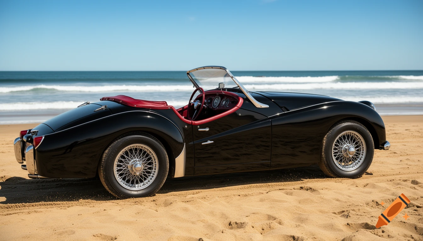 A sleek black Triumph TR3 A vintage convertible with a red interior is parked on a sandy beach beside ocean waves under a clear blue sky.
