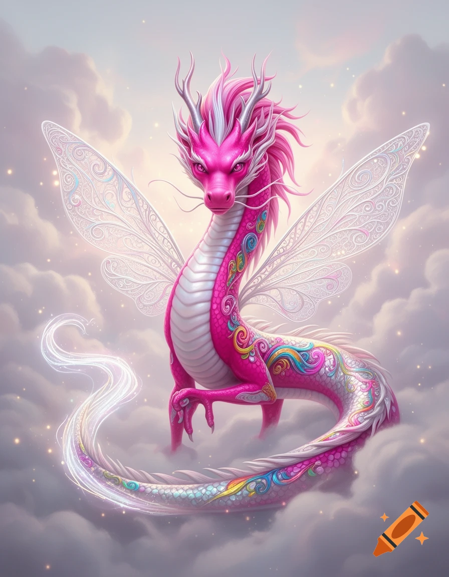 A whimsical 3D hot pink spirit dragon with iridescent scales, lace-like wings, and a glowing tail, standing in soft, misty clouds with shimmering lights.