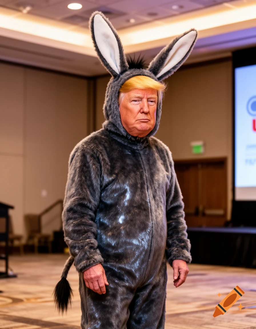 Donald Trump stands in a photorealistic grey donkey costume with prominent ears and a tail, looking serious in a large room.