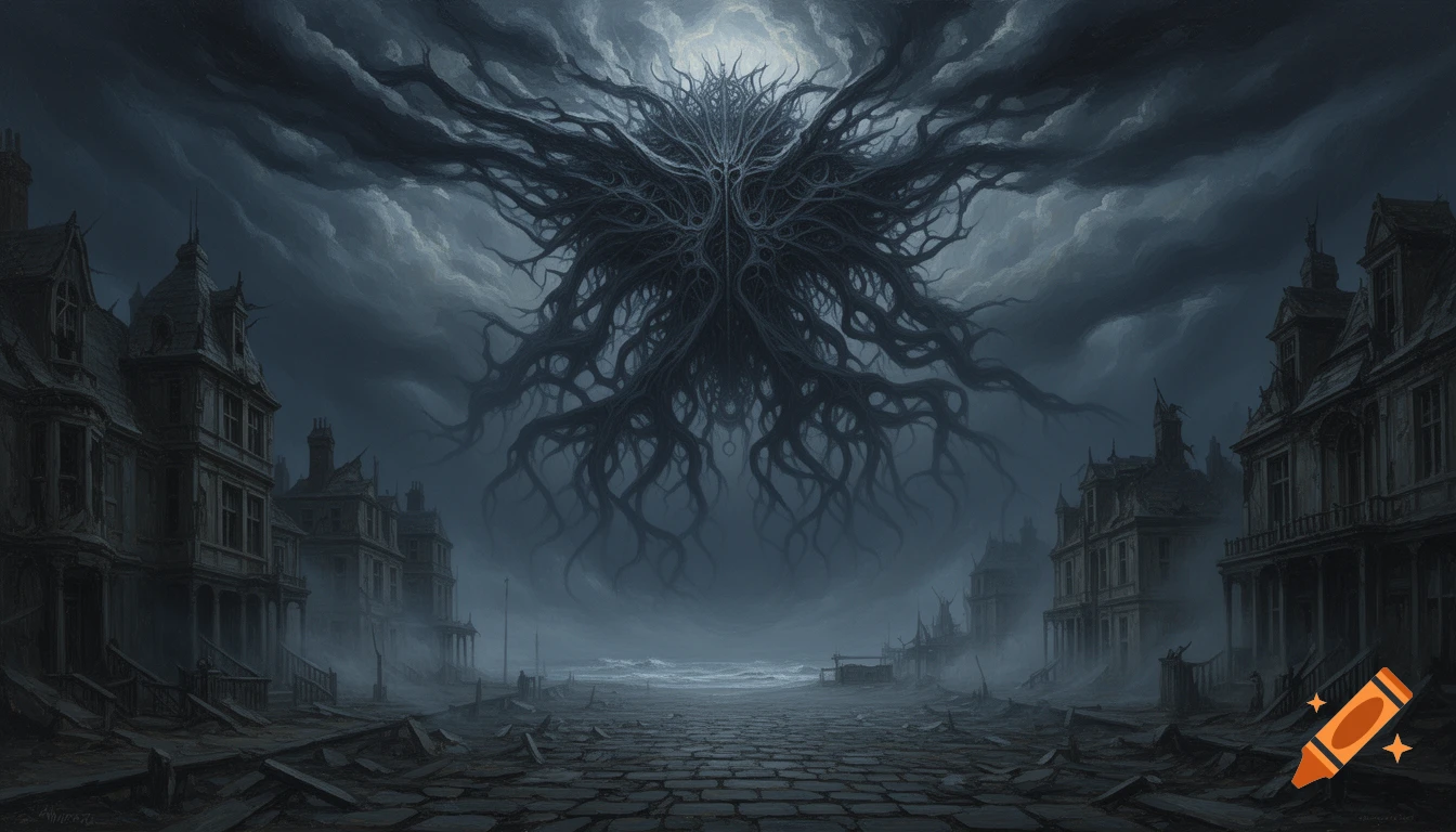 A colossal, dark eldritch entity descends through stormy clouds over a ruined Victorian coastal village, in a dark oil painting style.