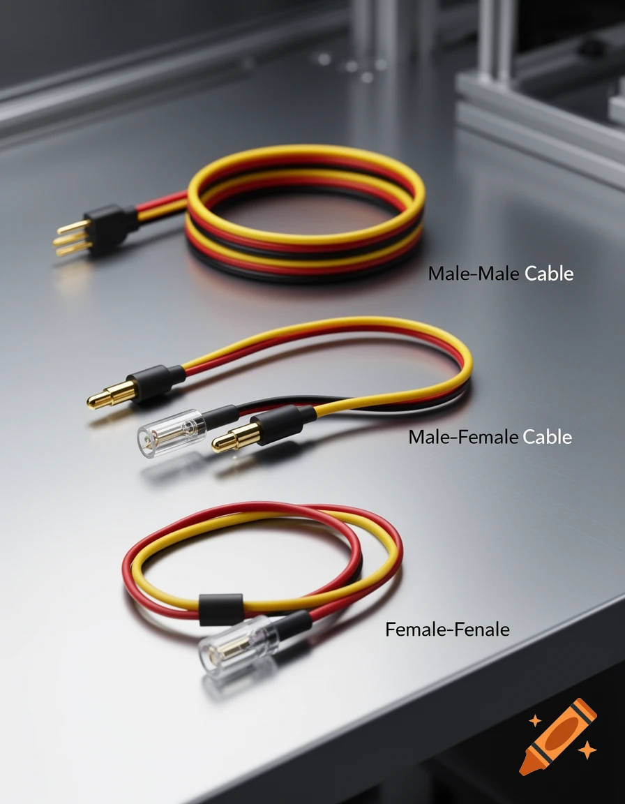 Three types of breadboard cables, including male-male, male-female, and female-female, displayed on a metallic surface.