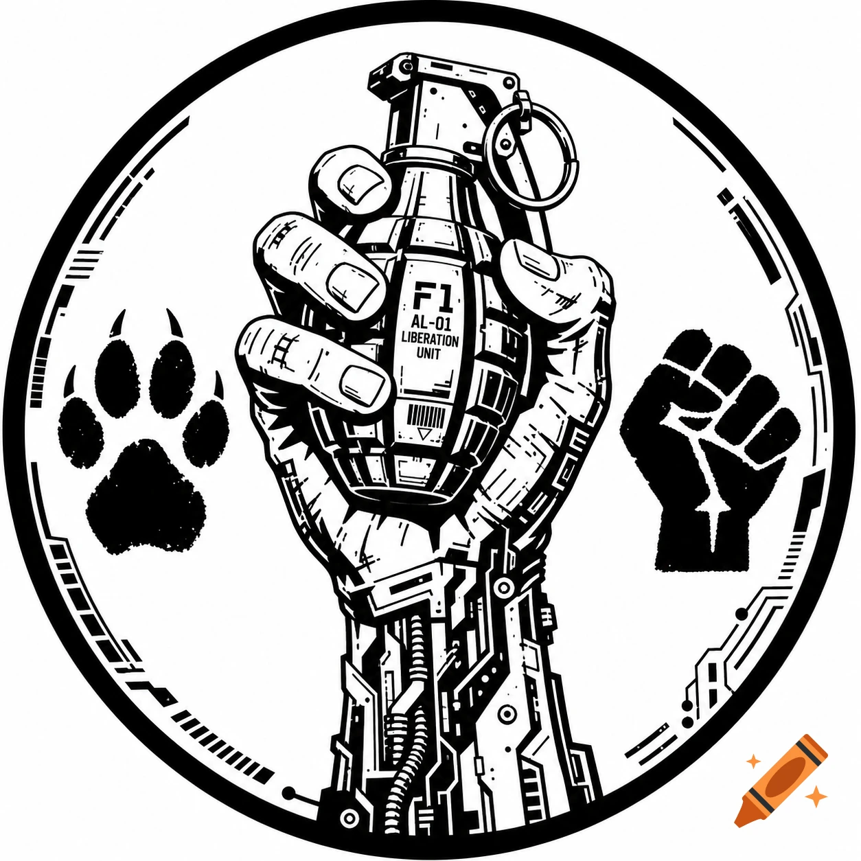 Black and white cyberpunk emblem of a robotic hand holding a grenade, a paw print, and a raised fist.