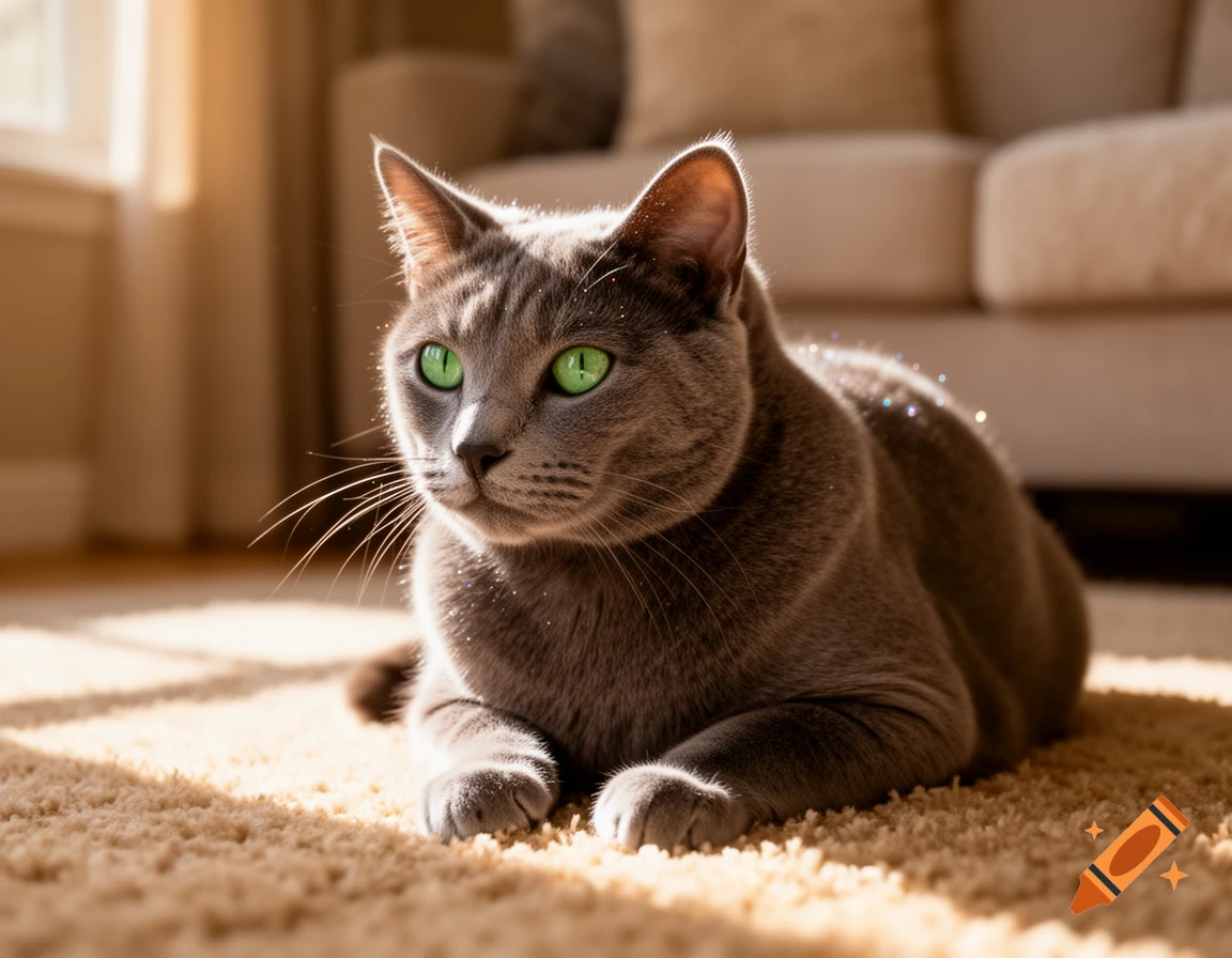 A photorealistic gray cat with striking green eyes lies on a beige rug, bathed in sunlight from a window.