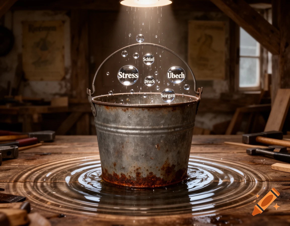 A rusty bucket on a wooden table, catching water drops, each containing words like 'Stress' and 'Sorgen' (worries), under a spotlight.