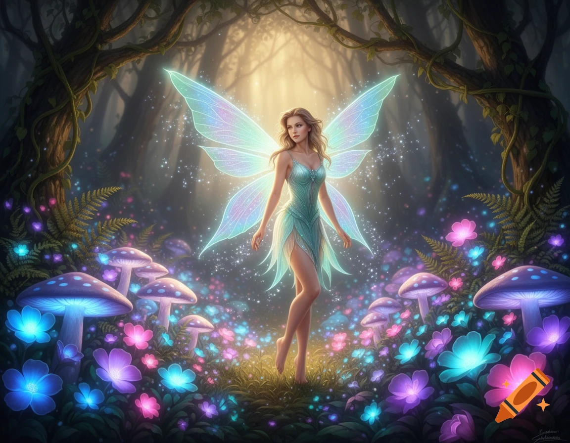 A beautiful magical fairy with glowing translucent wings stands in an enchanted forest among glowing flowers and mushrooms. Dreamy fantasy art.