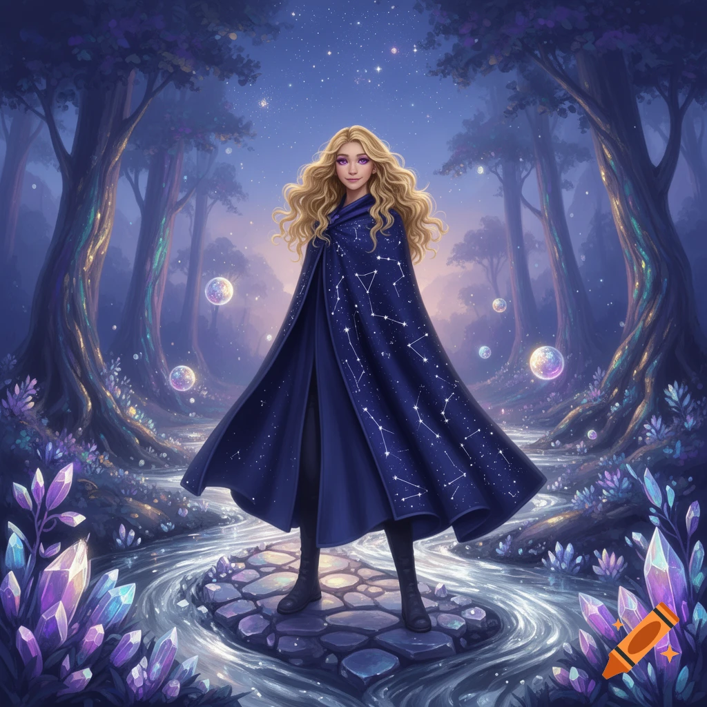 A young woman with long blonde hair and a starry blue cloak stands on a stone path in a magical forest with glowing crystals and celestial bubbles.