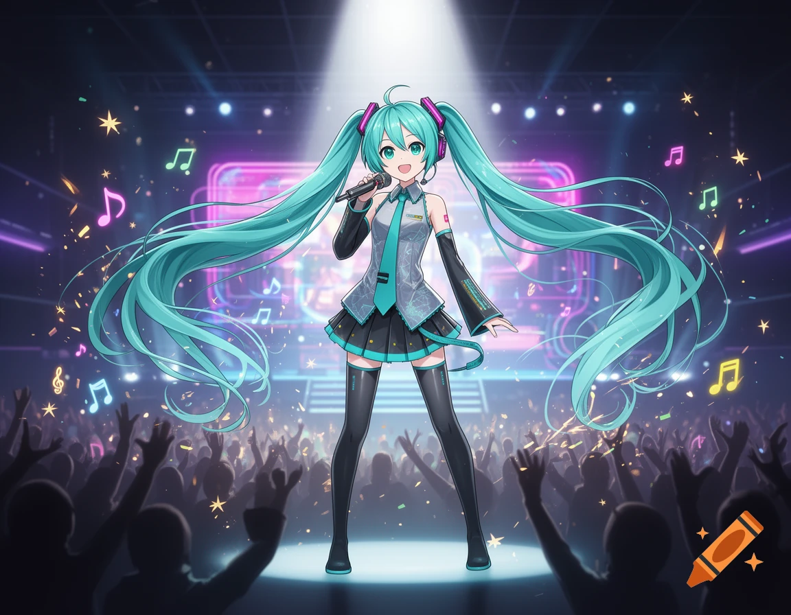 Hatsune Miku, an anime character with long turquoise pigtails, sings into a microphone on a spotlighted stage to a cheering crowd.