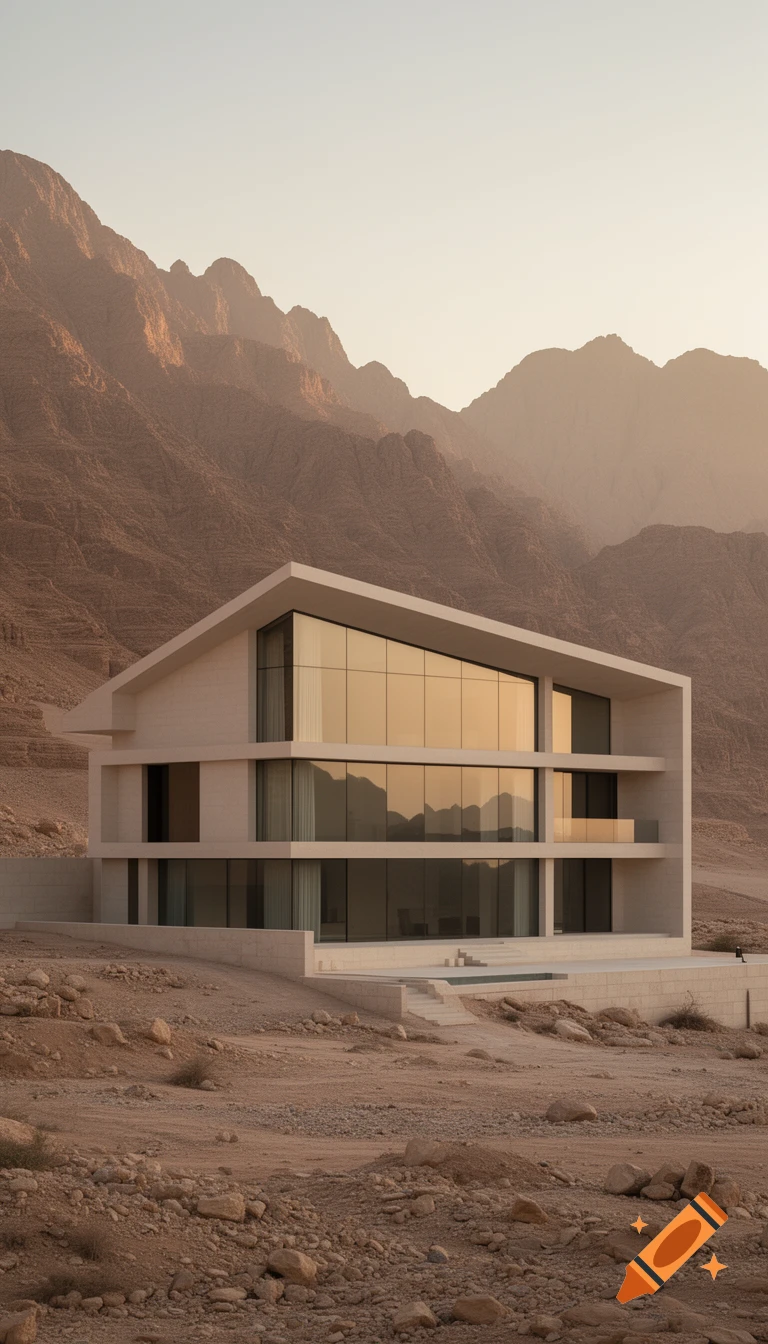 A modern minimalist house with large windows in a desert landscape against majestic mountains during sunset, photorealistic.