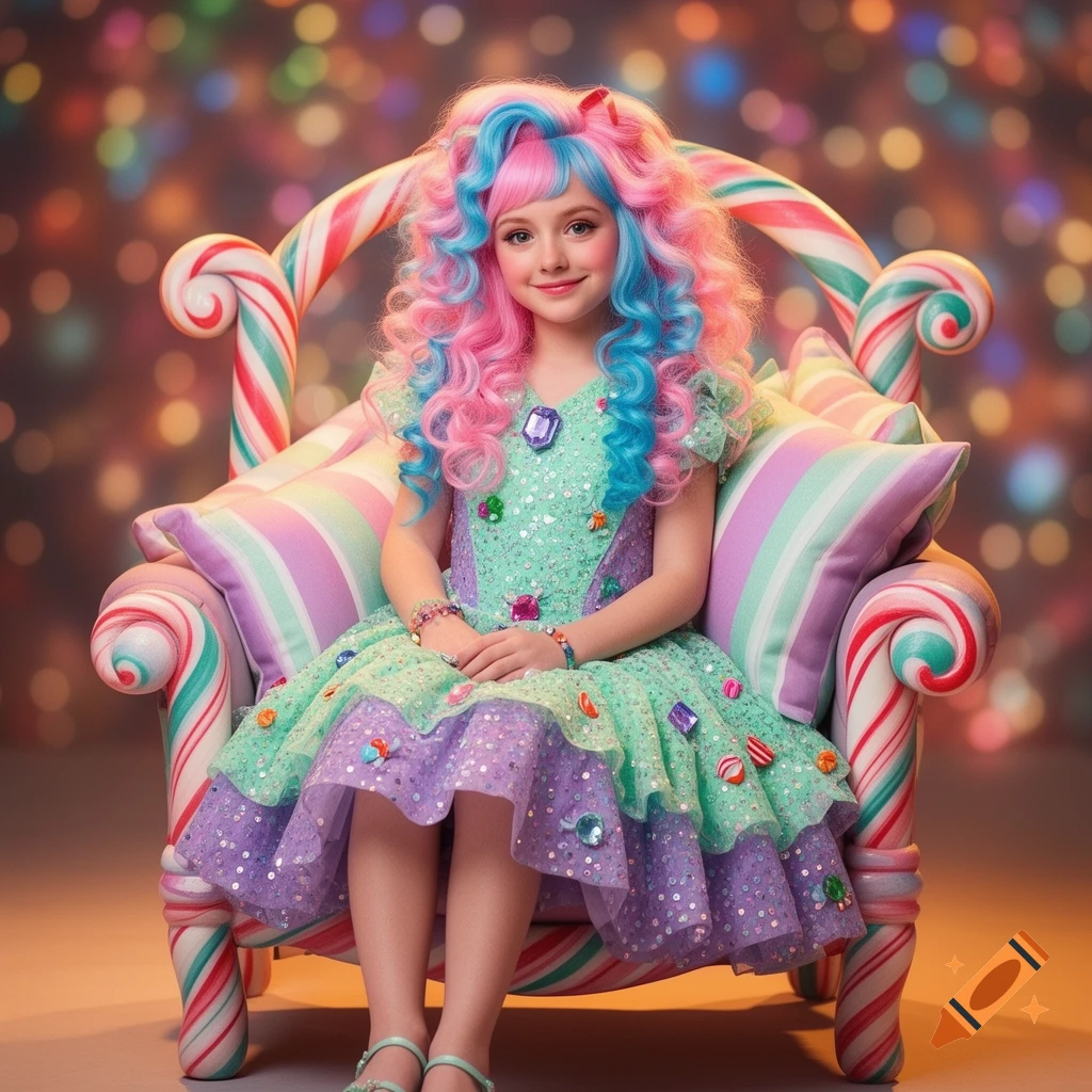 A whimsical young girl with pink and blue curly hair sits smiling on a candy cane chair, wearing a vibrant candy-themed dress.