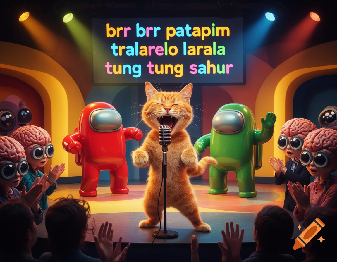 An orange cat with its mouth wide open sings into a microphone on a stage, flanked by red and green Among Us characters. An audience of strange 'brainrot' figures with large eyes and exposed brains clap. Colorful text appears on a screen above the stage.