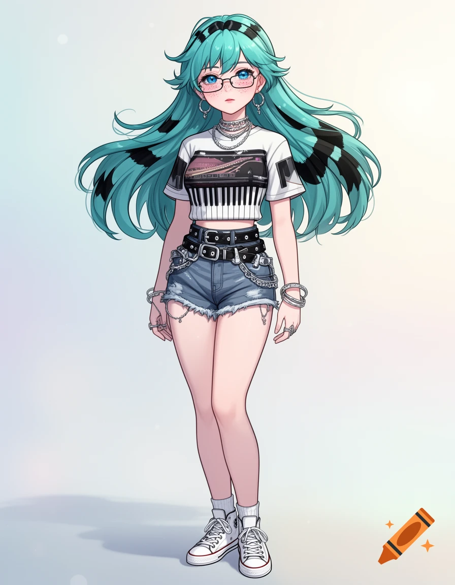 An anime girl with long teal and black hair, glasses, wearing a piano-themed crop top, denim shorts, and white sneakers.
