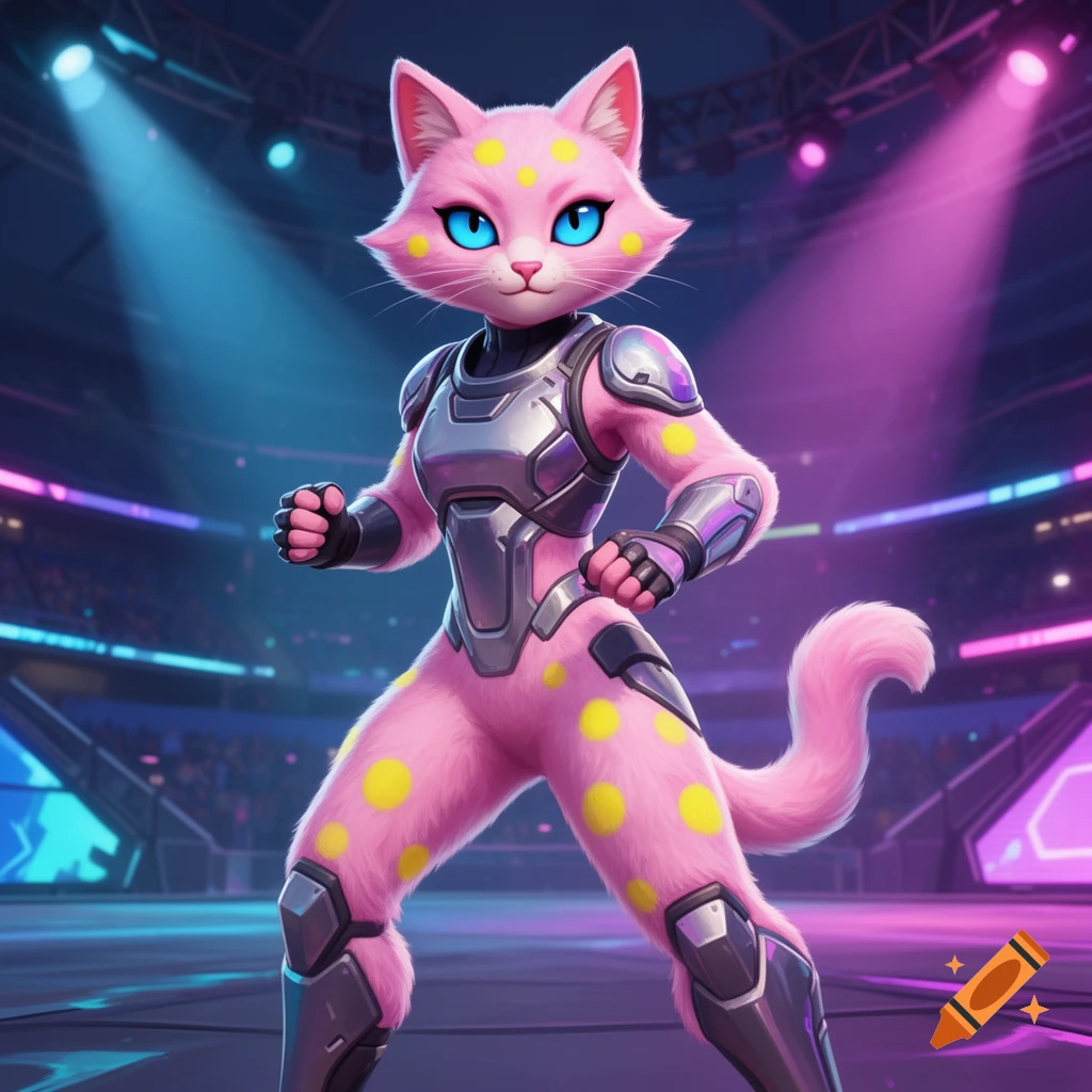 Pink anthropomorphic cat in silver futuristic armor with yellow polka dots and blue eyes stands in a vibrant arena.