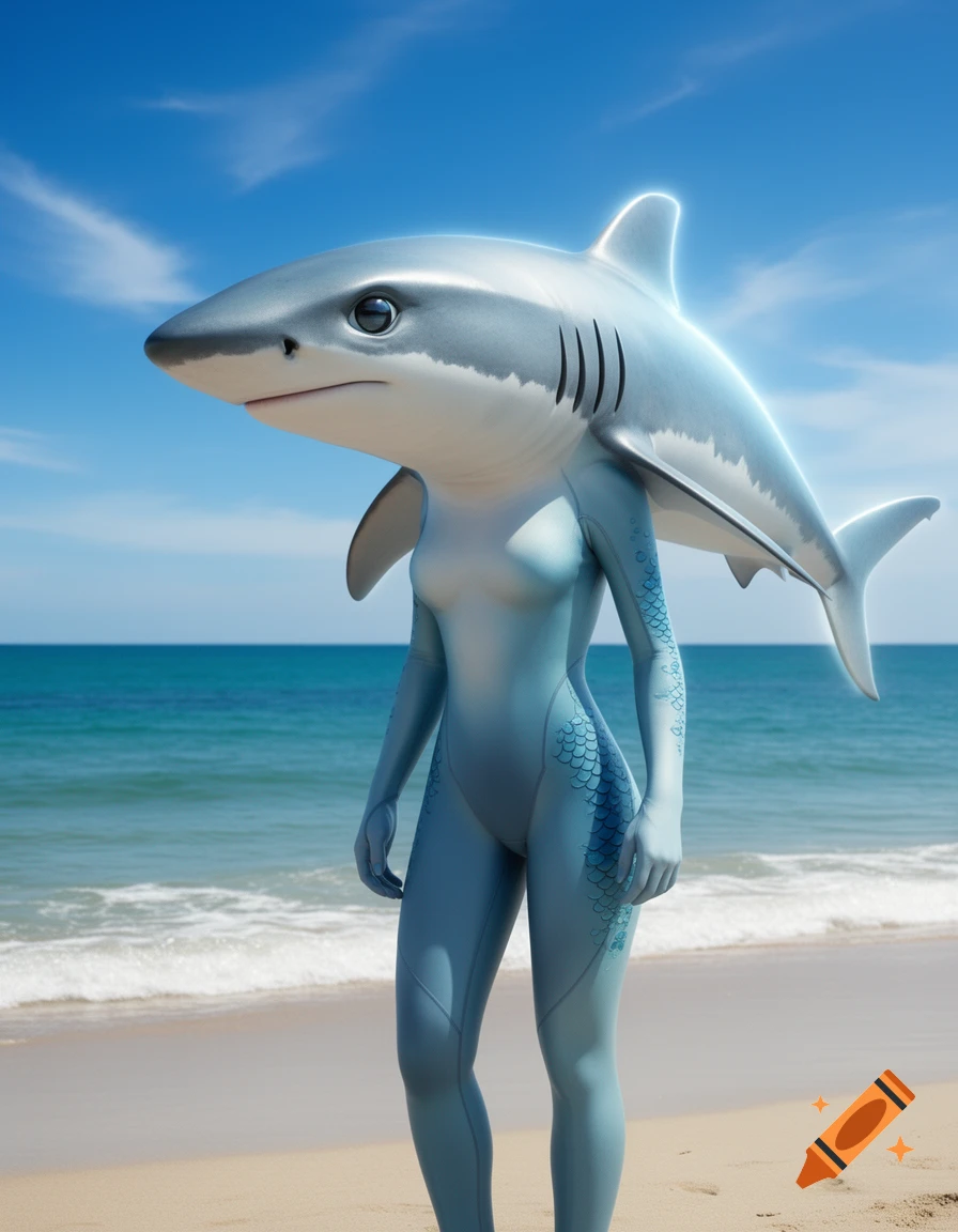 A photorealistic shark-headed humanoid figure with a blue body stands on a sandy beach by the ocean under a blue sky.