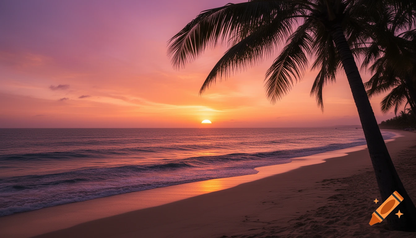 A vibrant pink and orange sunset over the ocean, with waves gently rolling onto a sandy beach and a silhouetted palm tree in the foreground.