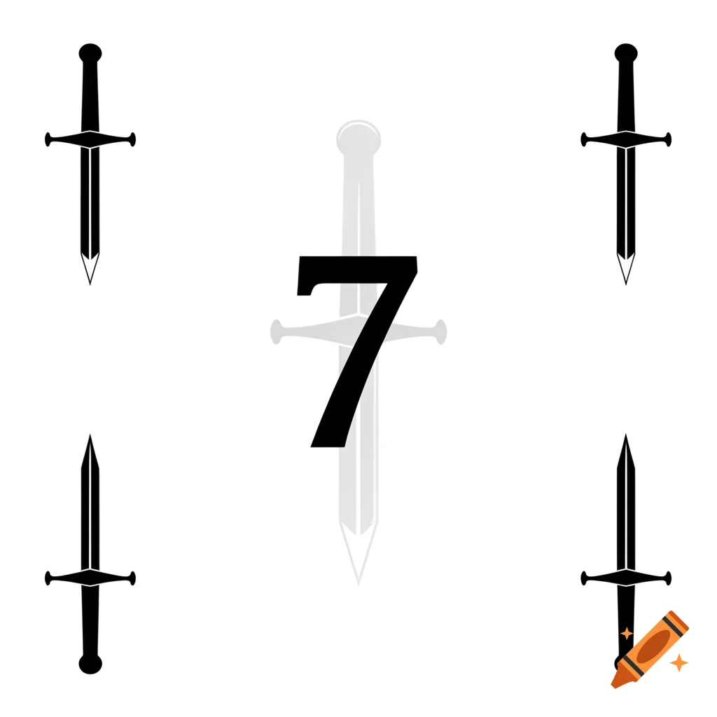 Black number 7 over a faded sword, with four solid black swords in the corners, all on a white background in a minimalist playing card style.