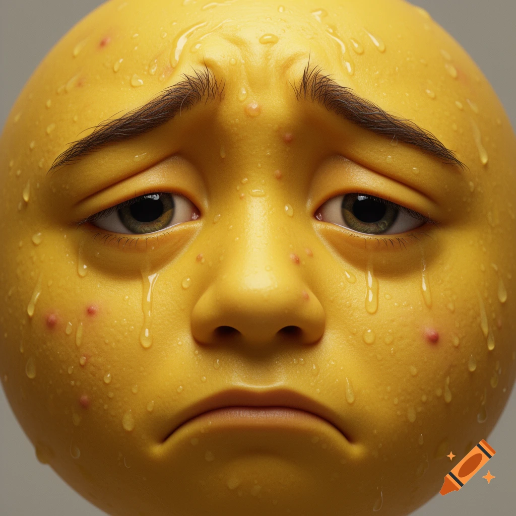 A hyperrealistic yellow emoji face, sweaty and sad, with visible pores, pimples, and detailed eyebrows.
