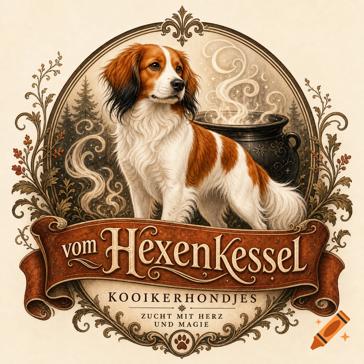 Vintage-style logo of a Kooikerhondje dog in an oval frame with a cauldron, forest, and a banner reading 'vom Hexenkessel'.