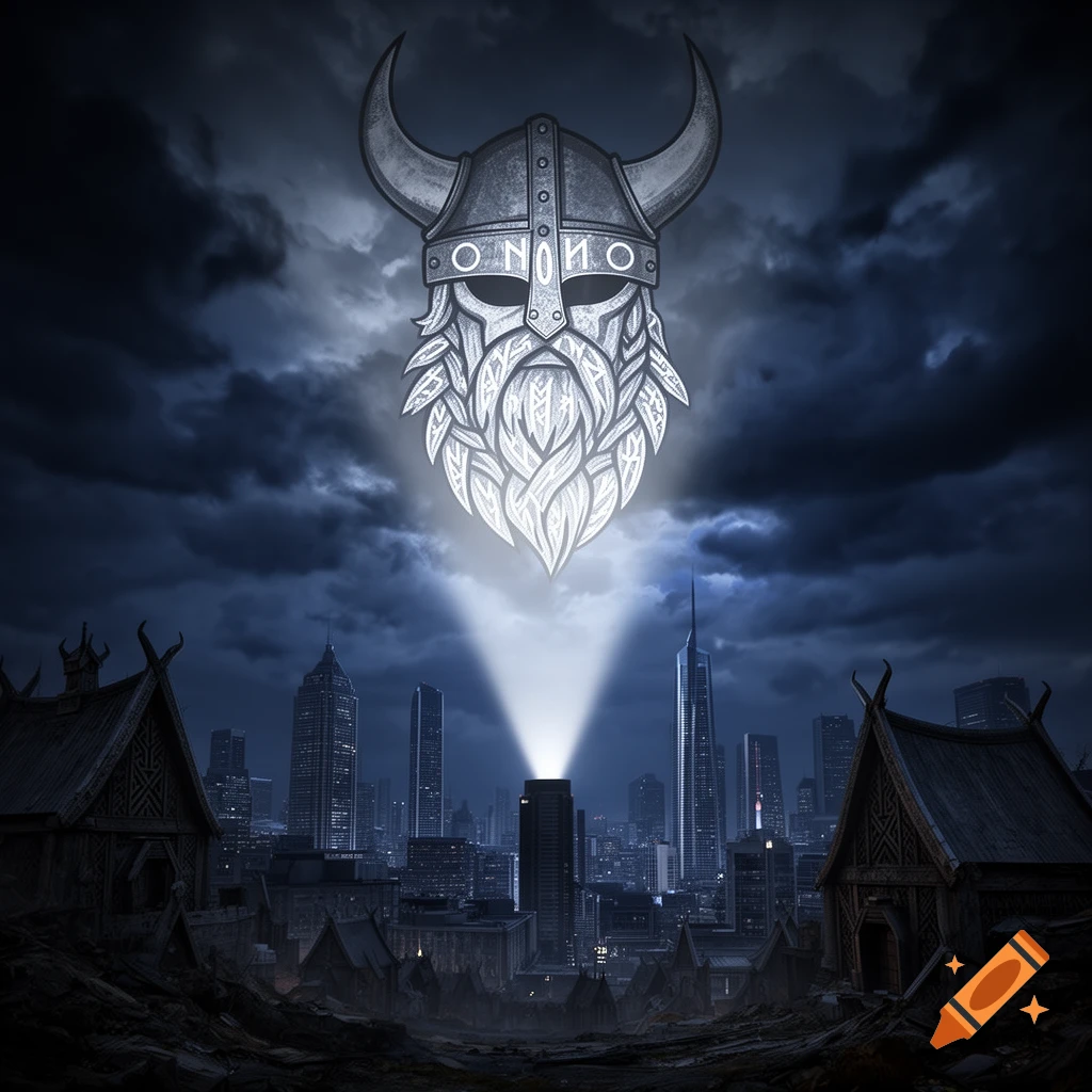 Glowing Viking helmet projected onto a stormy night sky above a dark cityscape with ancient and modern buildings, lit by spotlights.