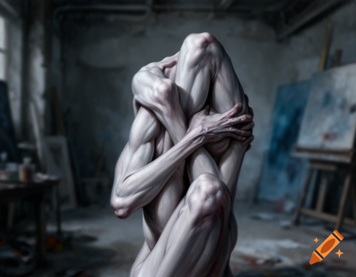 A grotesque, pale, contorted nude figure with intertwined limbs, in a dark art studio, in the style of Francis Bacon.