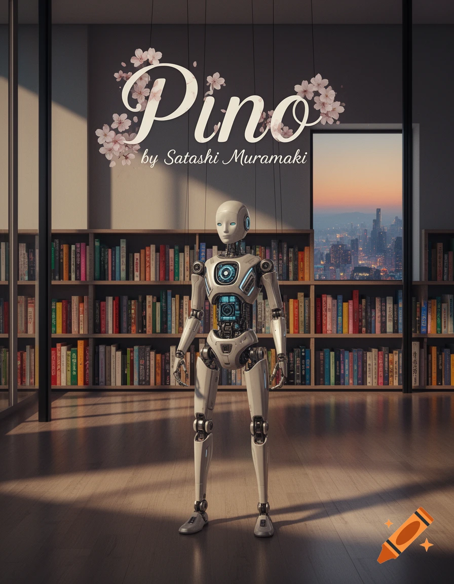 A humanoid robot stands in a room with bookshelves, with 'Pino by Satashi Muramaki' on the wall above it, and a city view outside a window.