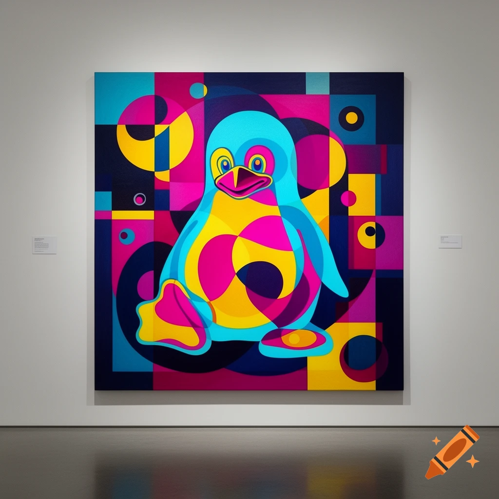 An abstract geometric painting of a colorful cyan, magenta, and yellow penguin displayed in an art gallery.
