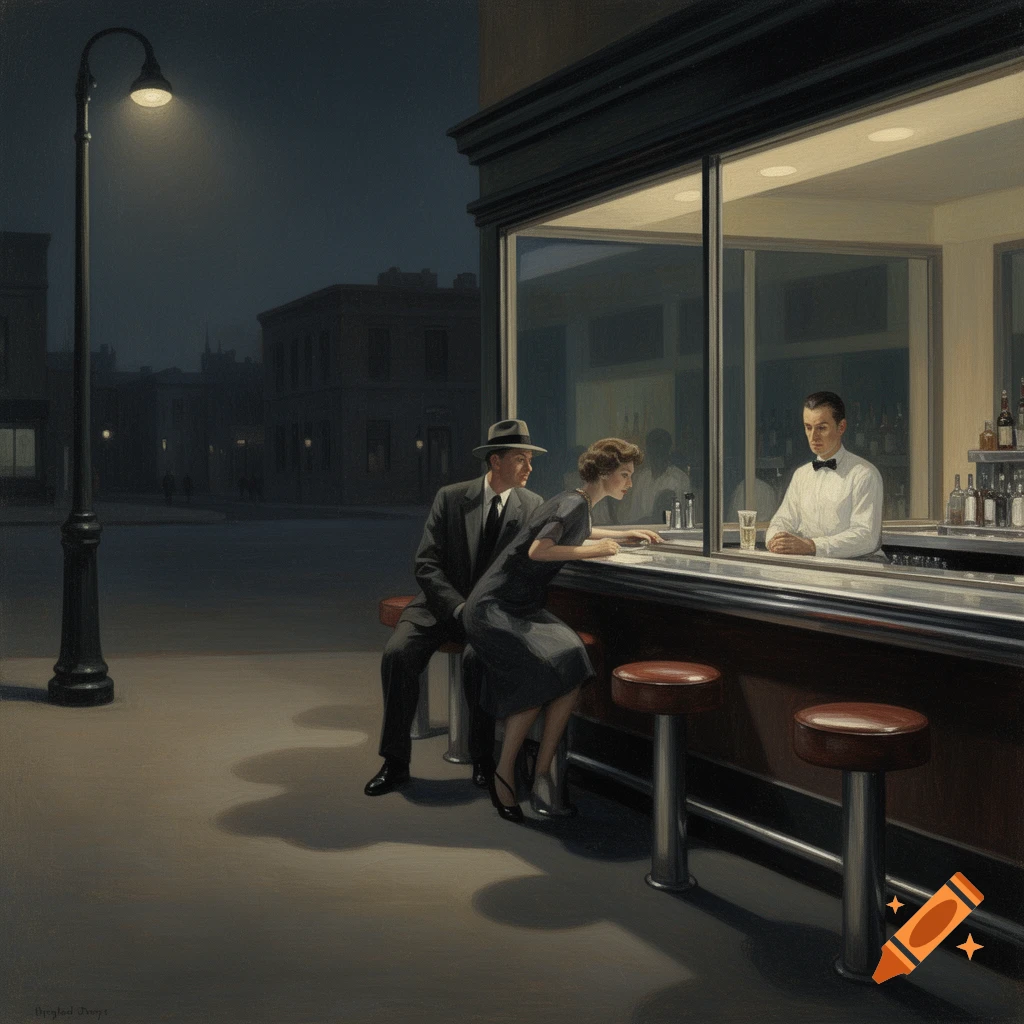 A painting in the style of Edward Hopper, showing a man and woman at a diner counter at night, with a bartender.