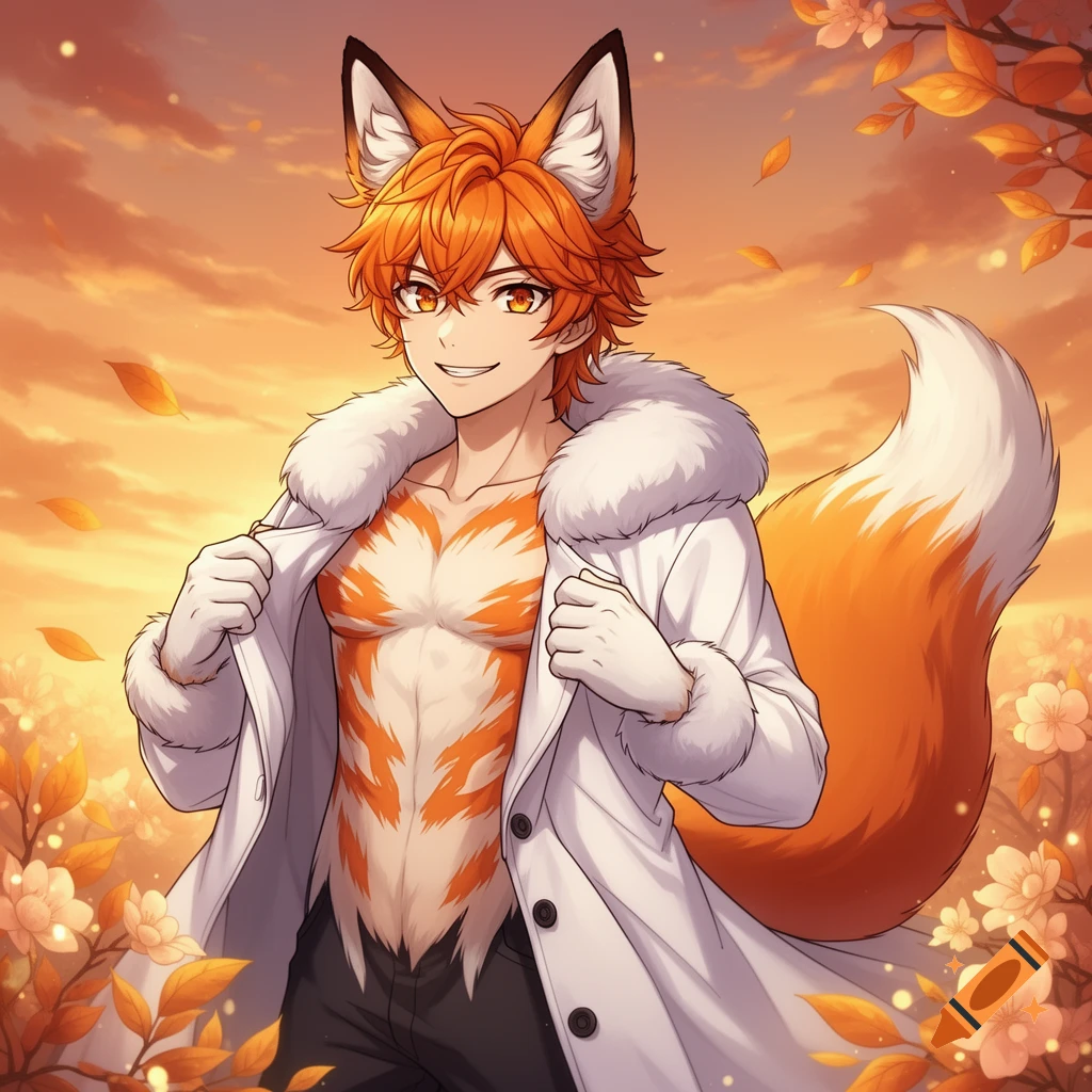 Smiling anime fox boy with orange hair and tail, wearing an open white fur coat revealing orange fur patterns on his chest, against an autumn sunset.