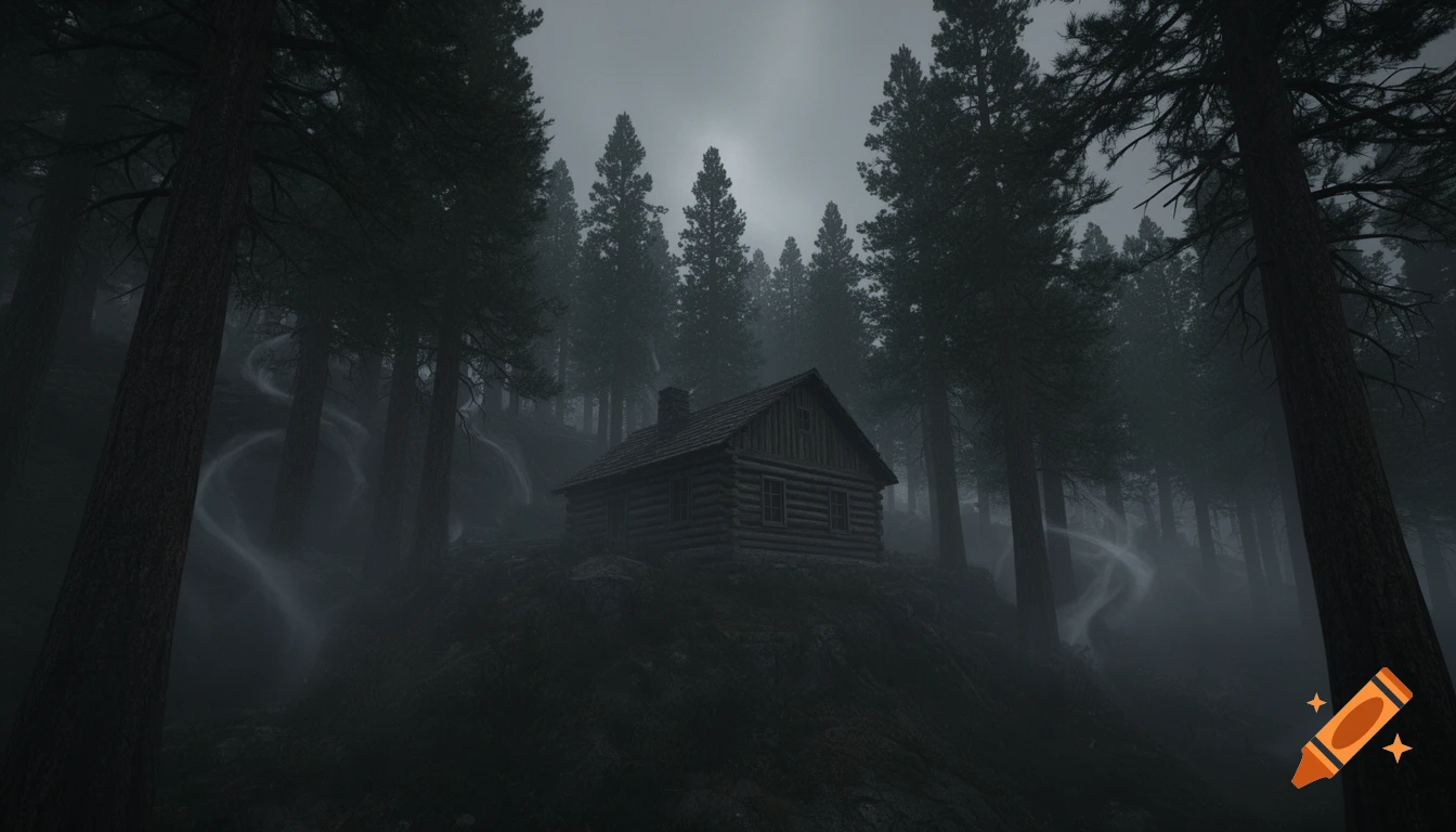 A dark, photorealistic image of a rustic wooden cabin nestled in a dense, misty pine forest under a gloomy, overcast sky.