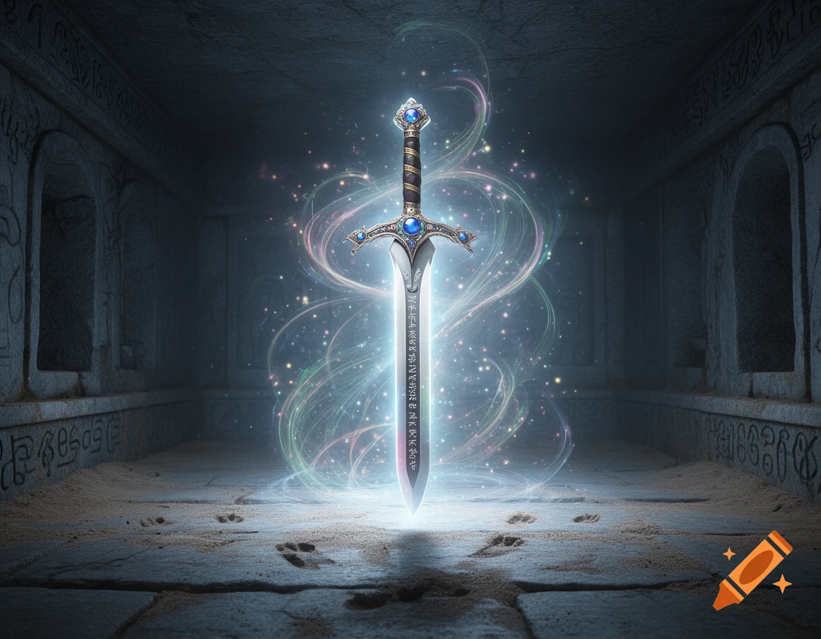 A glowing enchanted sword with intricate designs stands upright in a dark, ancient underground stone vault, surrounded by swirling magical light and sparkling particles. Paw prints are visible on the sandy floor.