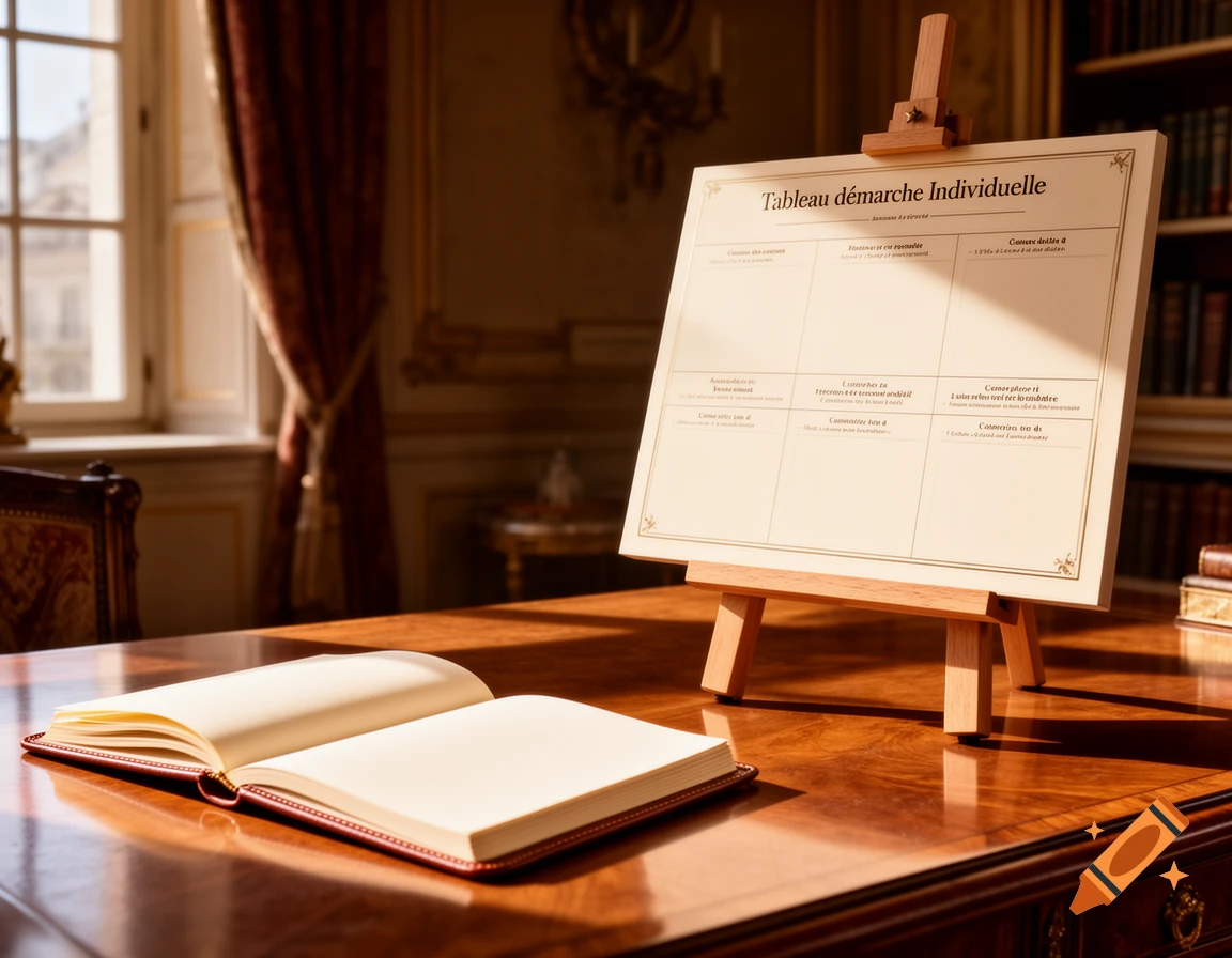A sunlit elegant room with an open blank notebook on a polished wooden desk, facing an easel with a chart titled "Tableau démarche Individuelle" in a classic style.