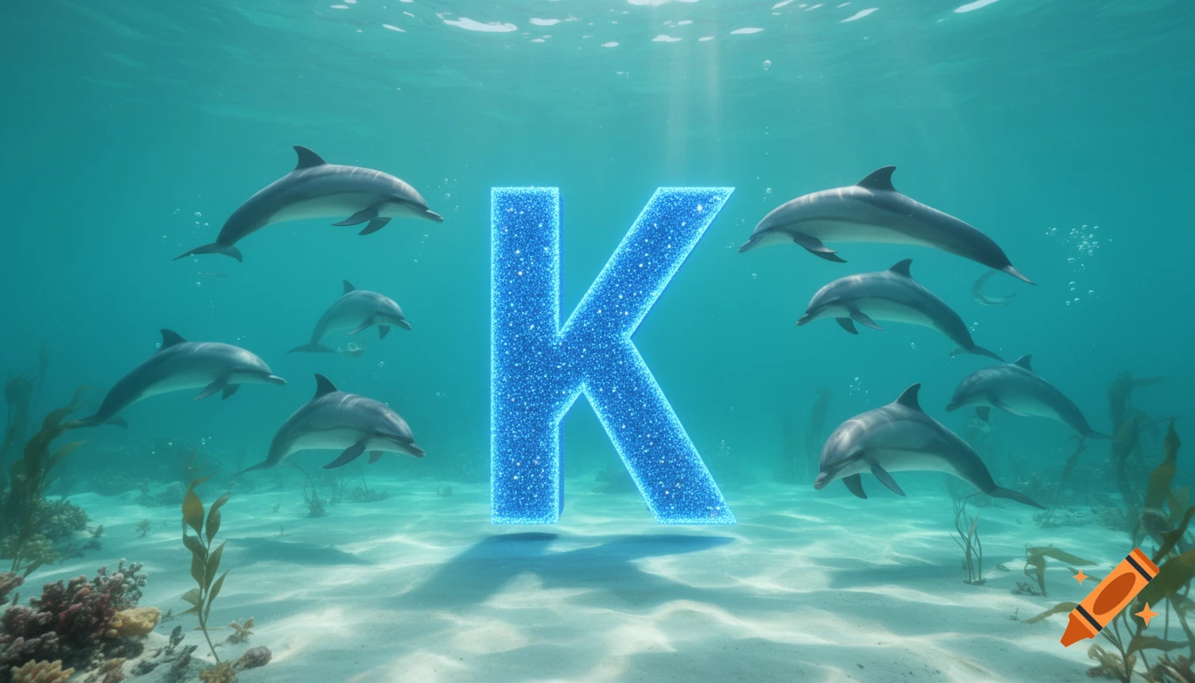 A sparkling blue letter K stands on a sandy seabed, surrounded by multiple dolphins swimming in clear turquoise water.