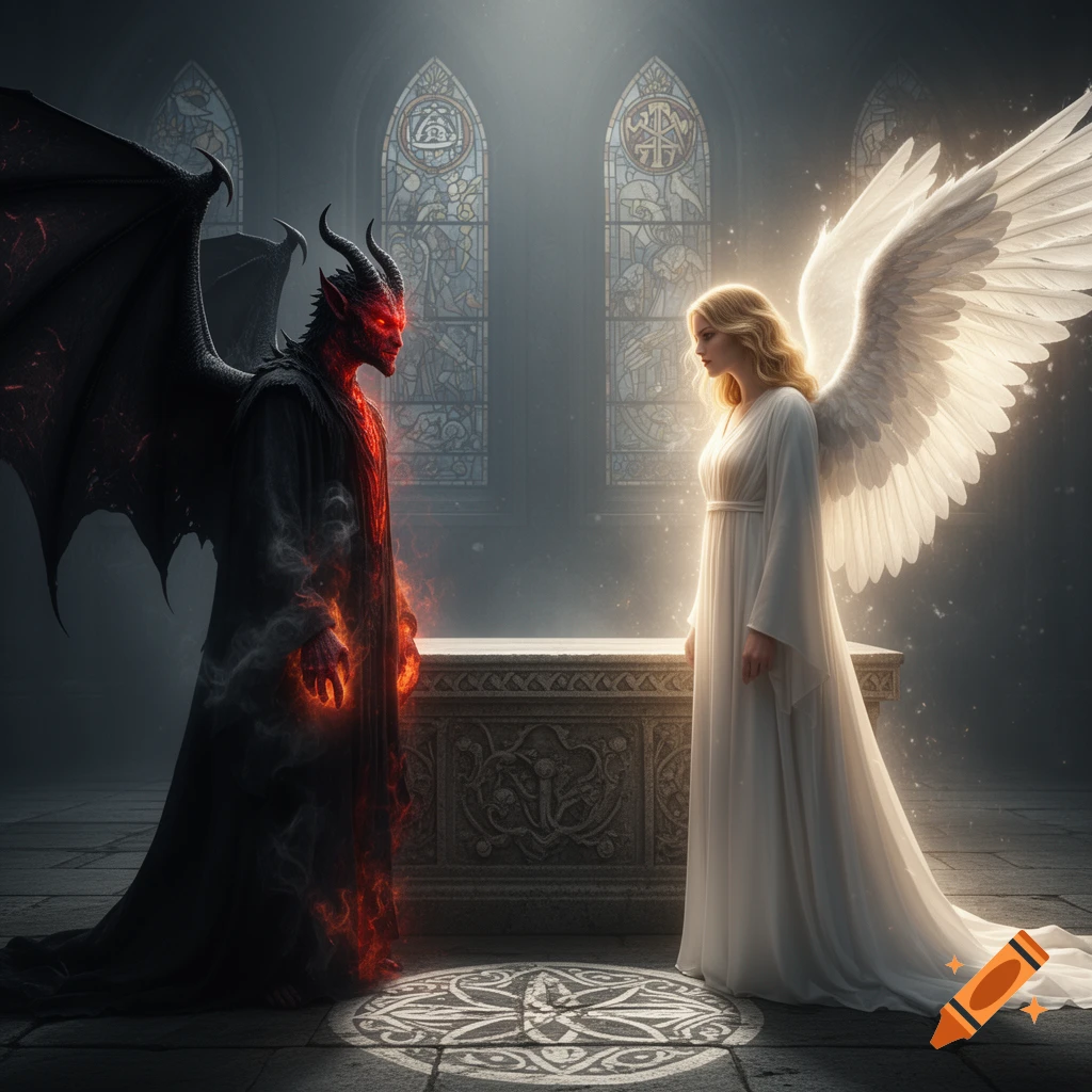 A dark, horned devil with fiery hands faces a radiant blonde angel with large white wings in a gothic church.