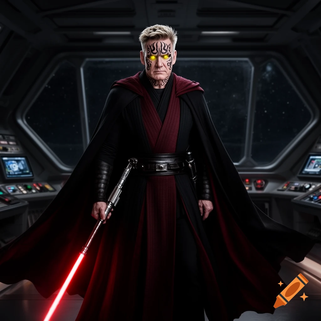 Gordon Ramsay as a Sith Lord with glowing yellow eyes and black tattoos, wearing a black and red robe, holding a red lightsaber on a spaceship bridge.