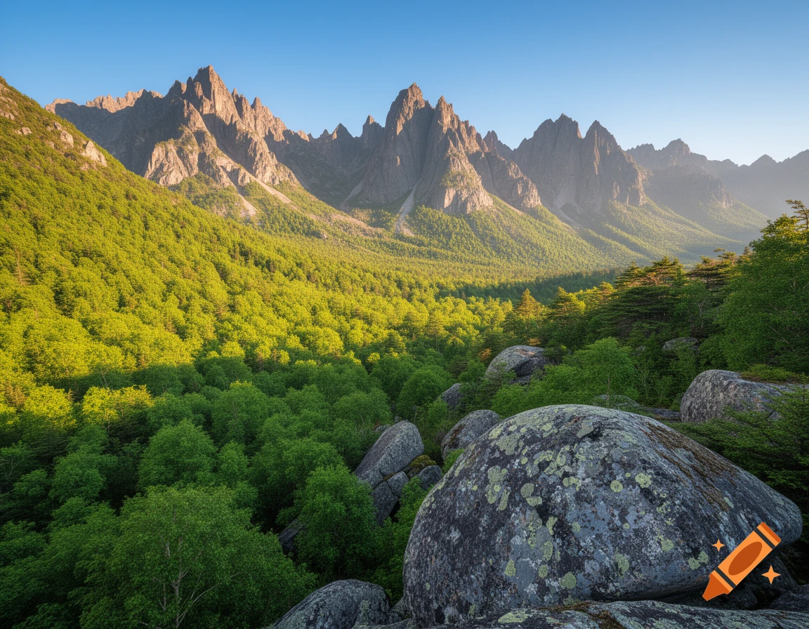 A panoramic view of a lush green forest and large moss-covered rocks in the foreground, with majestic, jagged mountains under a clear blue sky.