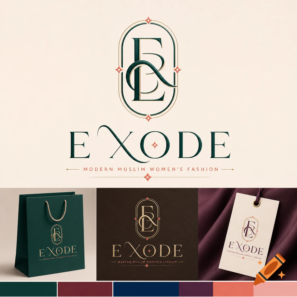 Elegant 'EXODE' fashion logo with an 'E' monogram, displayed on a shopping bag, tag, and with a color palette.