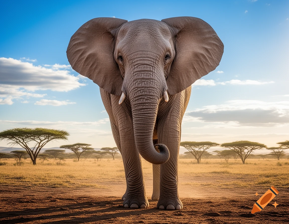 A large African elephant stands front and center in a sunlit savannah under a blue sky.
