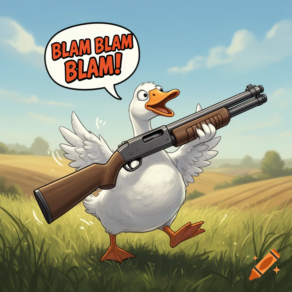 A cartoon white goose running through a grassy field, holding a shotgun, with a speech bubble saying 'BLAM BLAM BLAM!'.