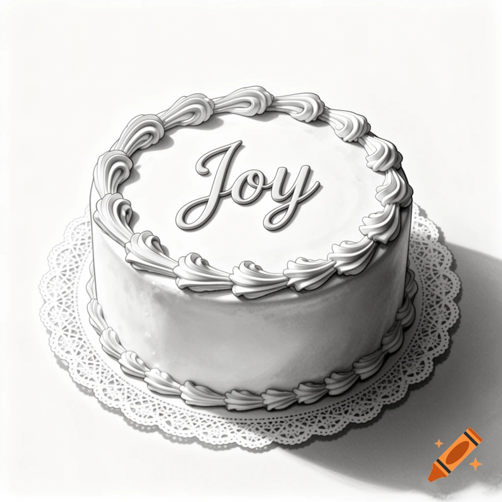 Black and white illustration of a round cake with "Joy" written in script on top, surrounded by frosting swirls, on a lace doily.