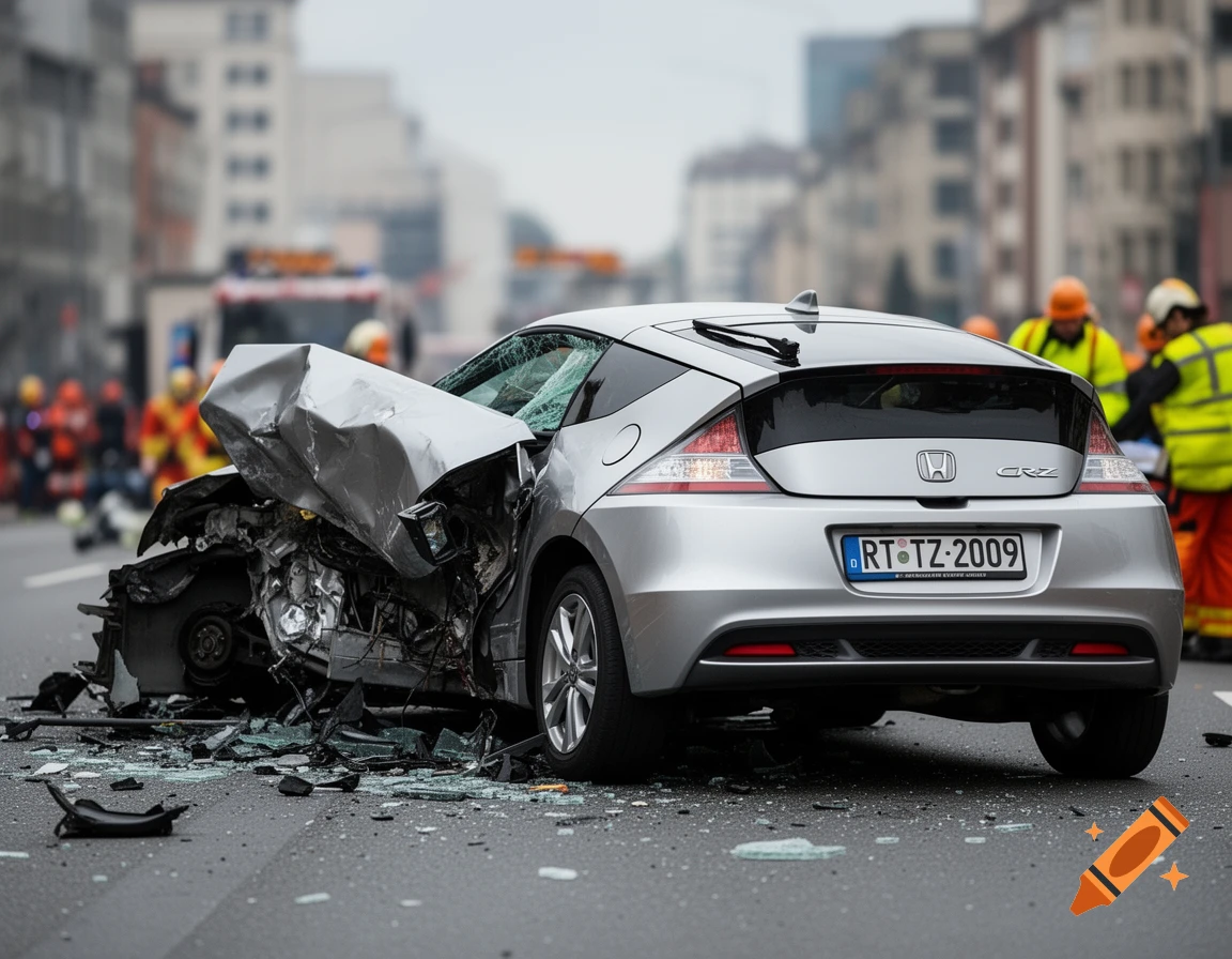 Severely damaged silver Honda CR-Z after a car accident on a city street with emergency personnel.