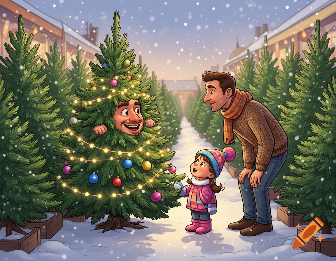 A cartoon illustration shows a man and his daughter at a snowy Christmas tree market, interacting with a Christmas tree with a smiling man's face.