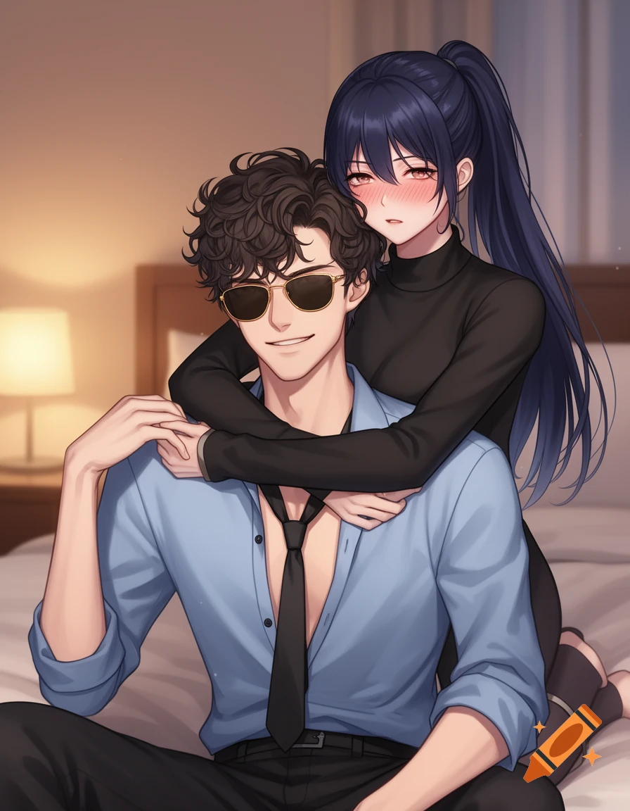 A digital illustration in anime style of a man with dark curly hair and sunglasses, smiling while being embraced from behind by a blushing woman with long dark hair in a ponytail, set in a cozy bedroom.