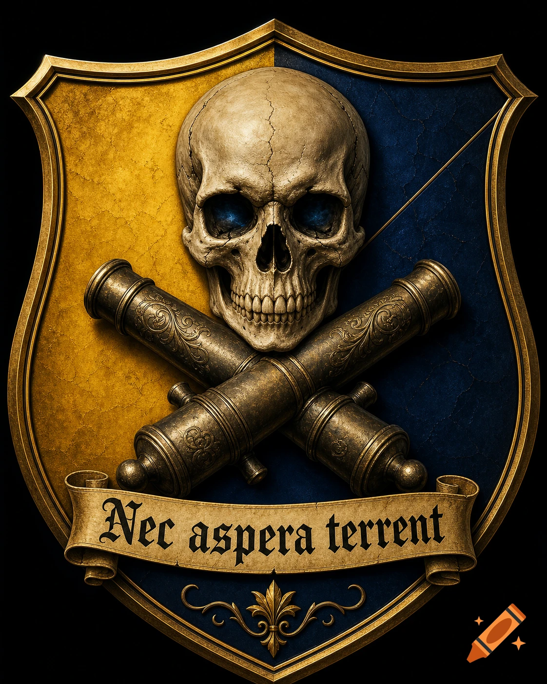 A gold and blue shield with a skull, crossed cannons, and a banner reading 'Nec aspera terrent'.