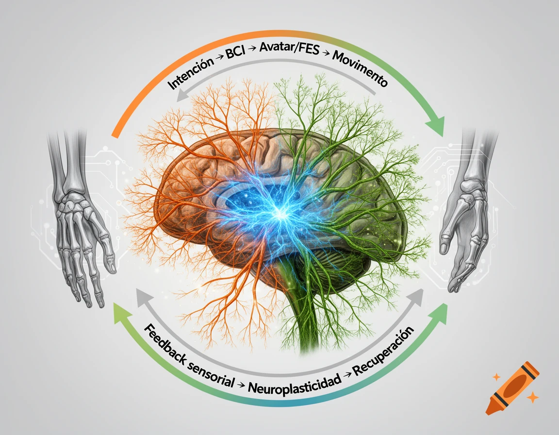 A detailed medical illustration of a brain with neural connections, skeletal hands, illustrating a cycle of recovery from injury.