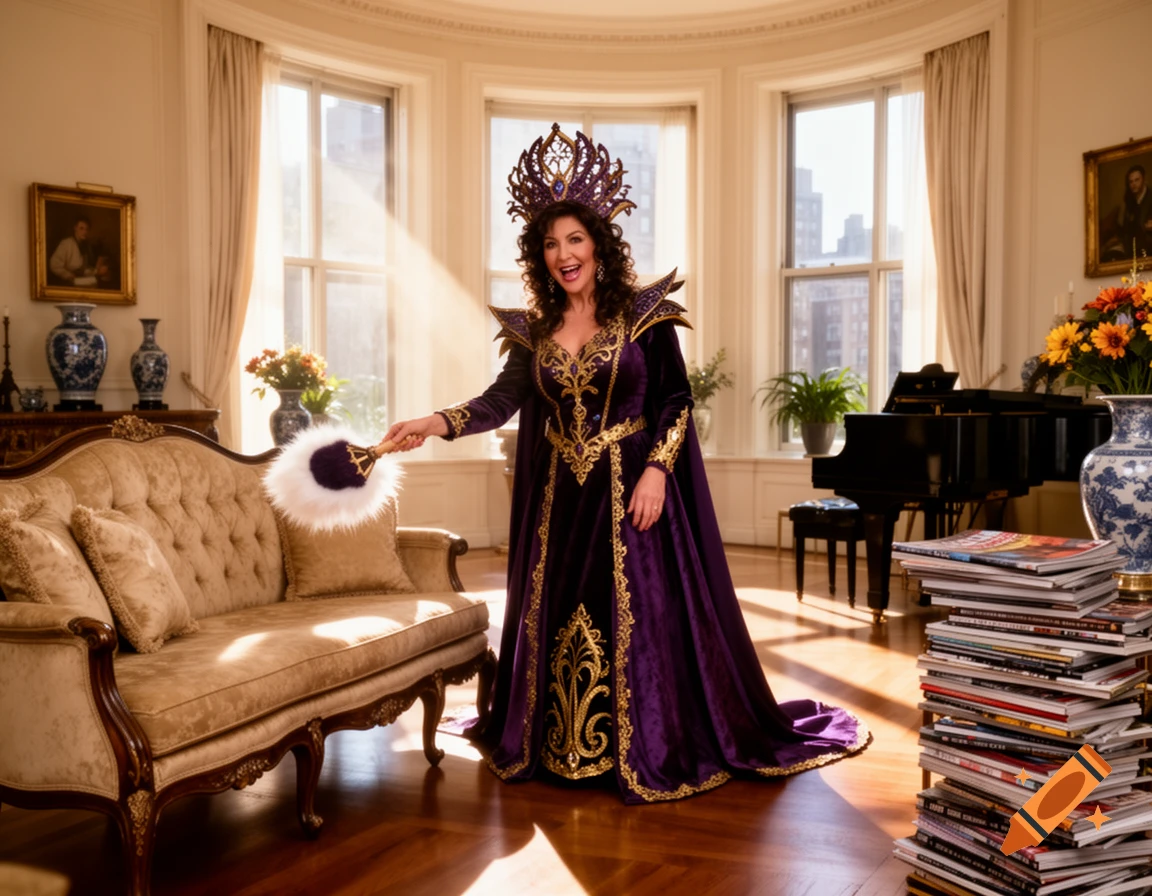A woman in a dramatic purple and gold costume, with a crown and holding a feather duster, stands in a lavish room with large windows, a grand piano, and an ornate sofa.